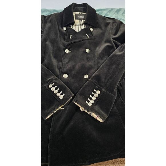 BURBERRY BLACK LABEL Velvet Napoleon Pea Coat Silver Button Men's - Picture 11 of 16